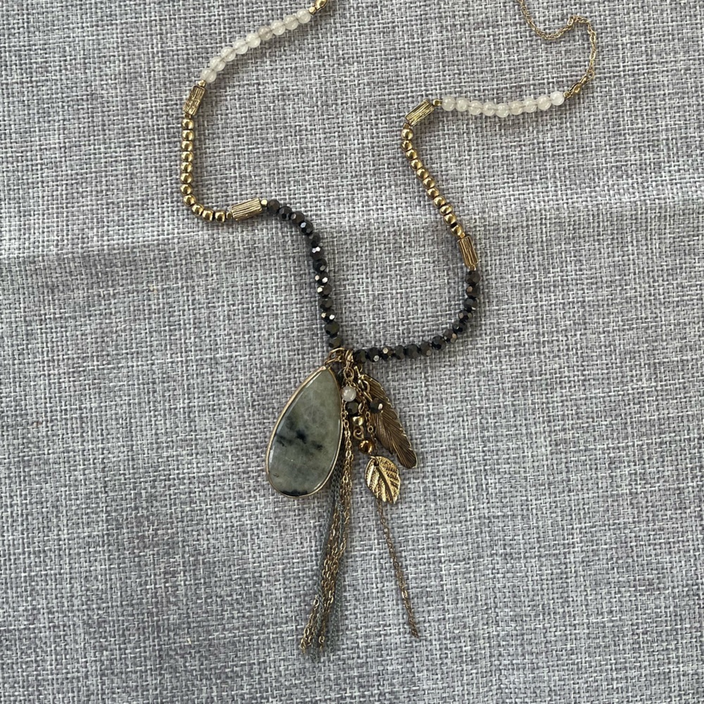 Boho Beaded Necklace with Stone Pendant & Gold Leaf Charm